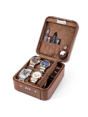 Leather Watch Travel Case 4 Slot Watch Box Lockable Jewelry Storage Organizer